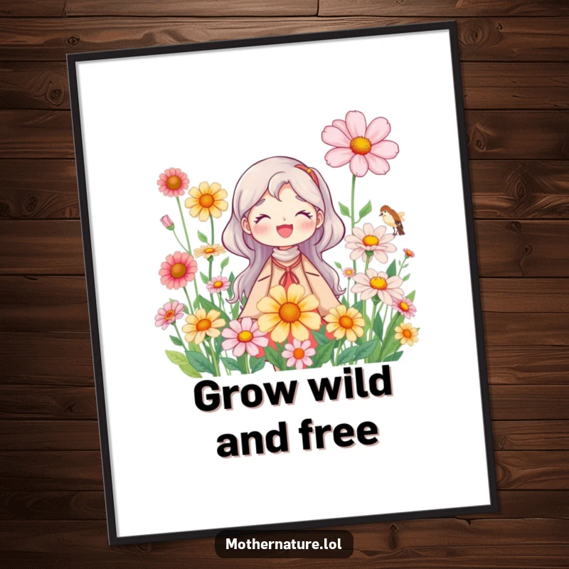 Free Printable Wall Art: Joyful Mother Nature character flourishing with oversized, blooming wildflowers in a vibrant natural scene.