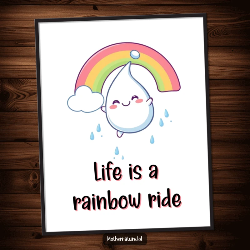 Funny Free Printable Wall Art: Plump smiling raindrop character sliding down a rainbow with glee, colorful whimsical decor.