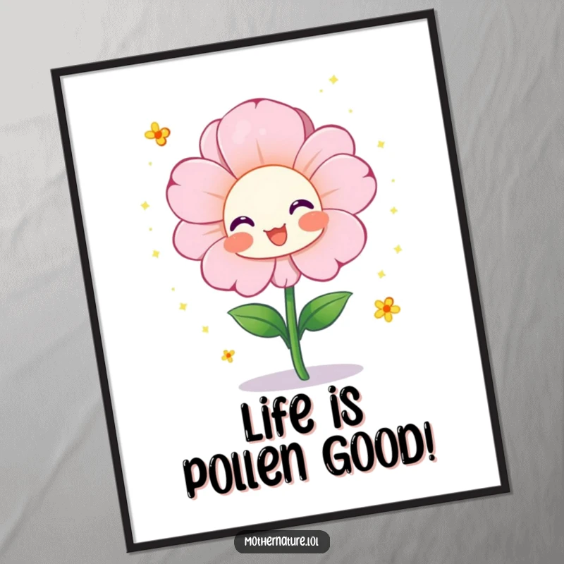 Funny Free Printable Wall Art of a cheerful flower character blooming vibrantly and showering tiny pollen sparkles.