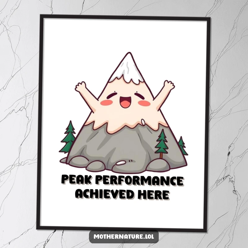 Funny Free Printable Wall Art: Cute mountain character stretching its peaks upwards with a yawn of satisfaction, serene landscape decor.