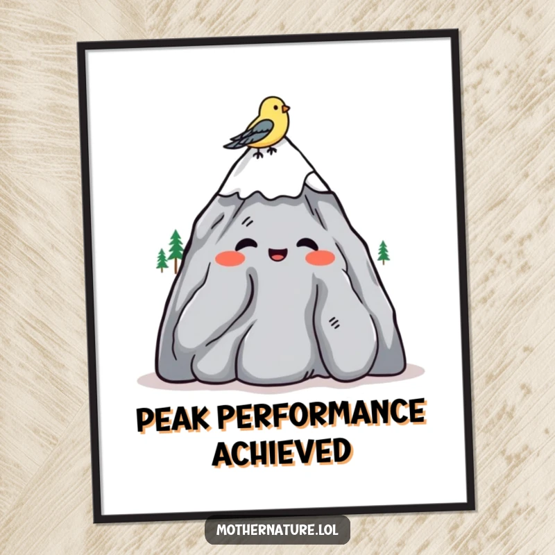 Funny Free Printable Wall Art: A mountain character shrugs amiably with a small bird resting comfortably on its head, whimsical decor.