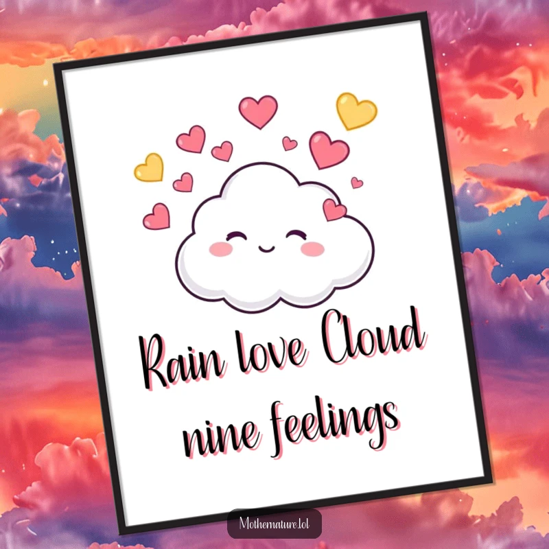 Funny Free Printable Wall Art featuring a tiny, cute cloud character giggling while raining colorful, bouncing hearts, creating a cheerful atmosphere.