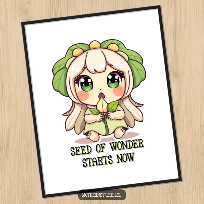 Funny Free Printable Wall Art: Mother Nature's eyes wide with surprise as she holds a sprouting seed.