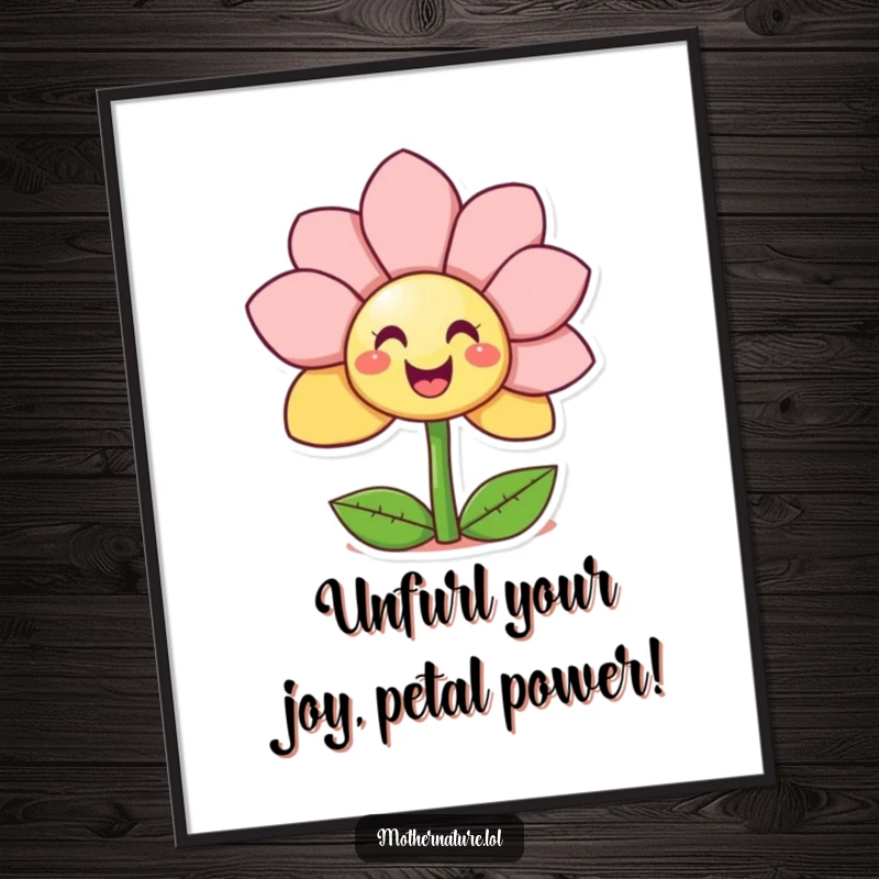 Funny Free Printable Wall Art: Giggling flower character revealing a surprise smiley face, adding cheerful decor.