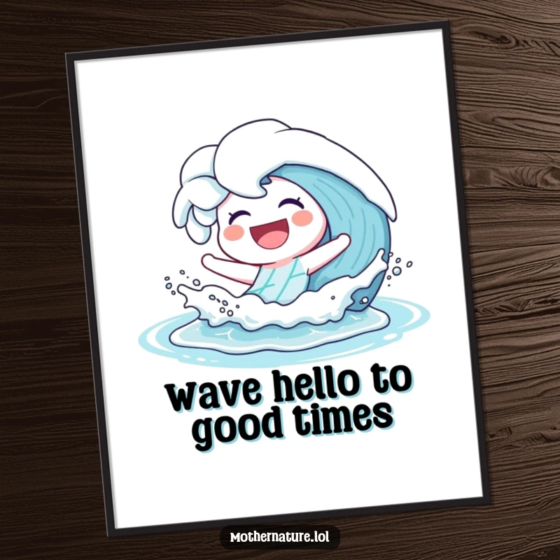Playful Free Printable Wall Art: Animated laughing wave character joyfully splashing onto a sandy shore with great energy.