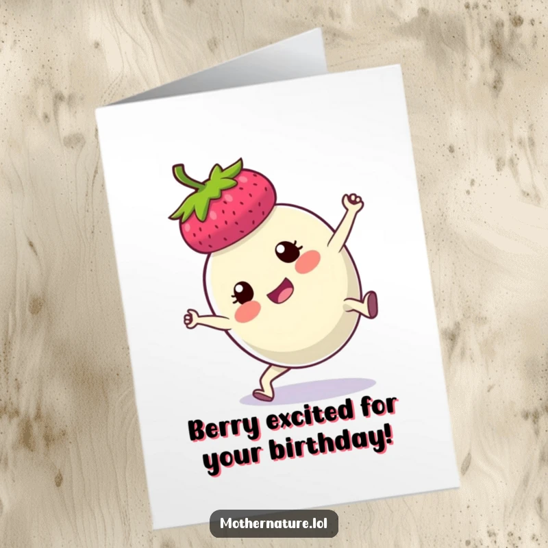 Funny Free Printable Birthday Card: A plump berry enthusiastically doing a cartwheel with a determined expression.