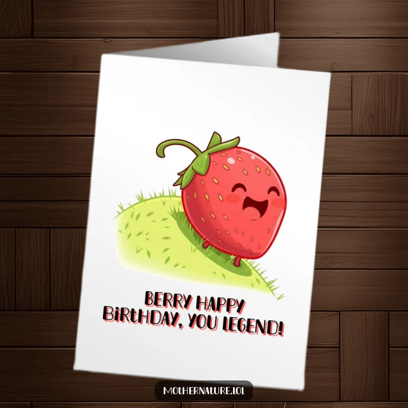 Funny Free Printable Birthday Card: A plump, dizzy strawberry gleefully rolling down a grassy hill, perfect for a laugh.