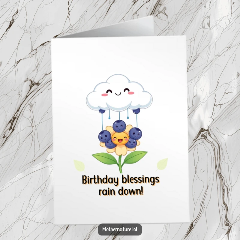 Funny Free Printable Birthday Card: Cheerful cloud showers smiling blueberries onto a happy flower, a cute downloadable birthday gift.
