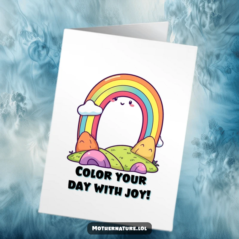 Funny Free Printable Birthday Card featuring a cheerful rainbow character smiling over a happy landscape, perfect for a joyous celebration.
