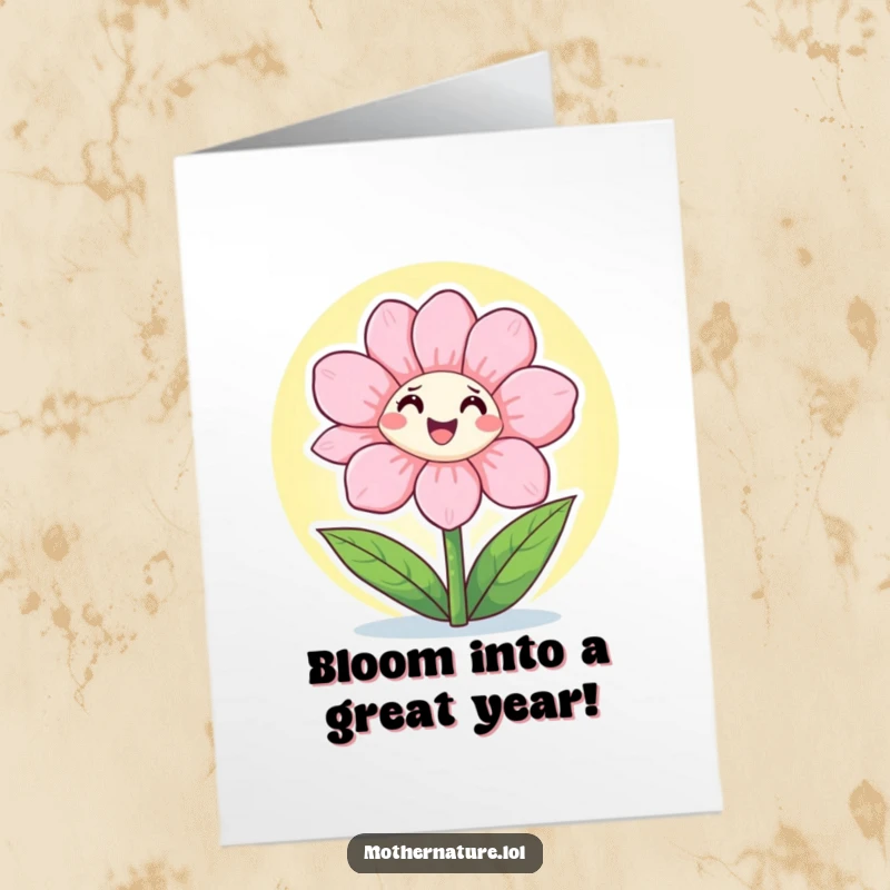 Cheerful Free Printable Birthday Card: Happy flower character joyfully opening its petals wide to embrace warm sunshine.