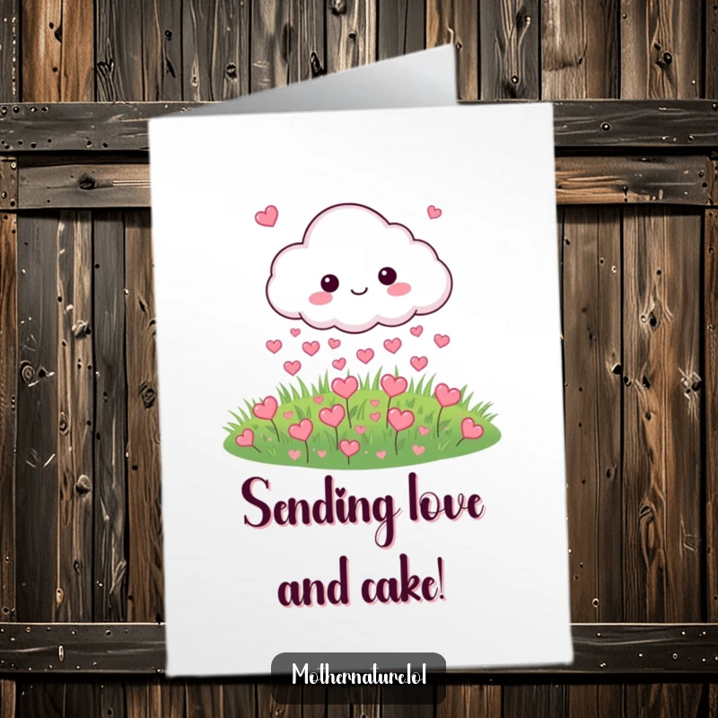 Funny Free Printable Birthday Card: A happy cloud playfully rains tiny hearts down onto a cheerful meadow, cute DIY.