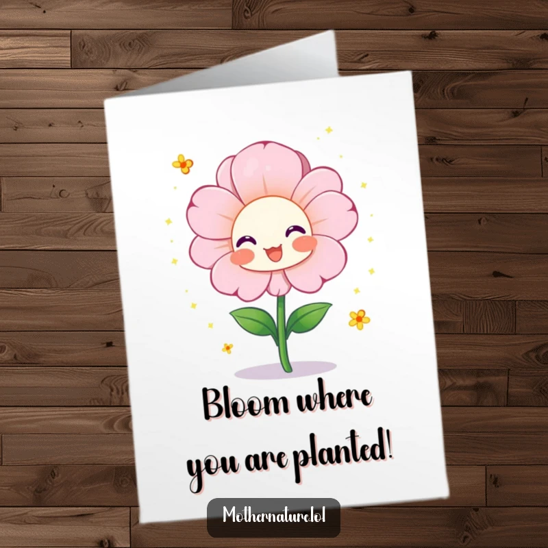Funny Free Printable Birthday Card featuring a cheerful flower character blooming vibrantly and showering tiny pollen sparkles.