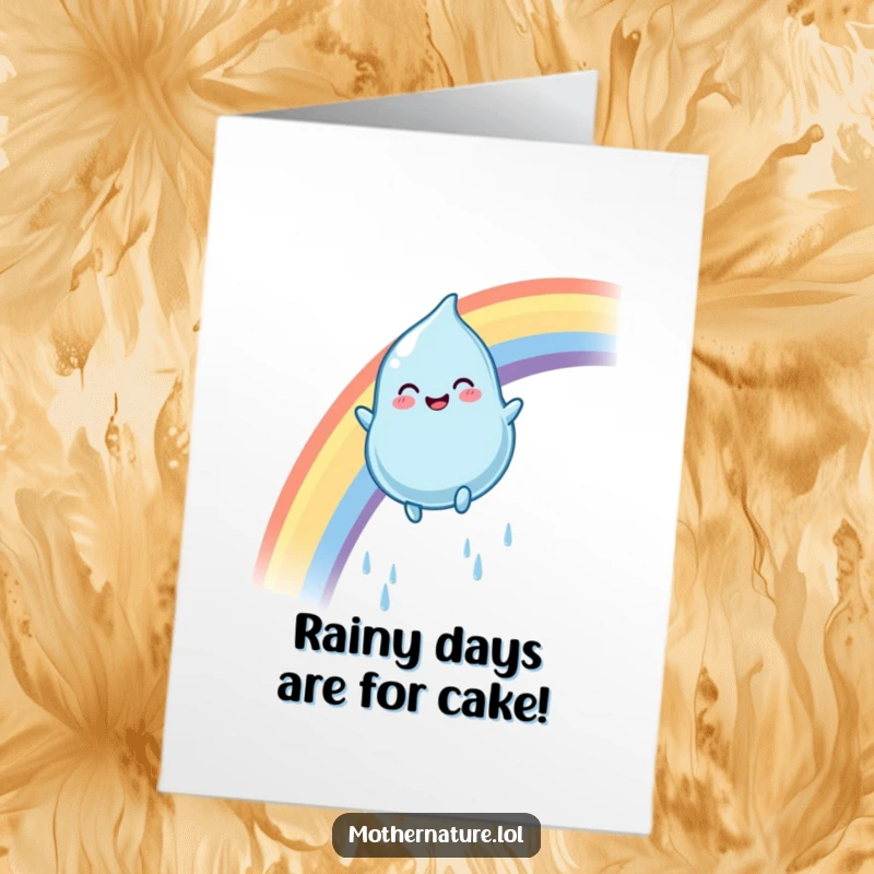 Funny Free Printable Birthday Card: Plump raindrop smiles, sliding gleefully down a rainbow, ready for birthday fun.
