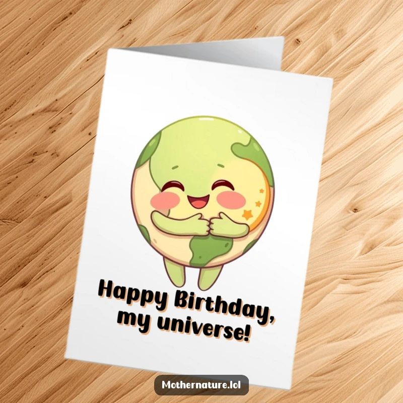Funny Free Printable Birthday Card: Happy Earth character hugs a tiny grinning moon, sending birthday wishes. Adorable downloadable art.