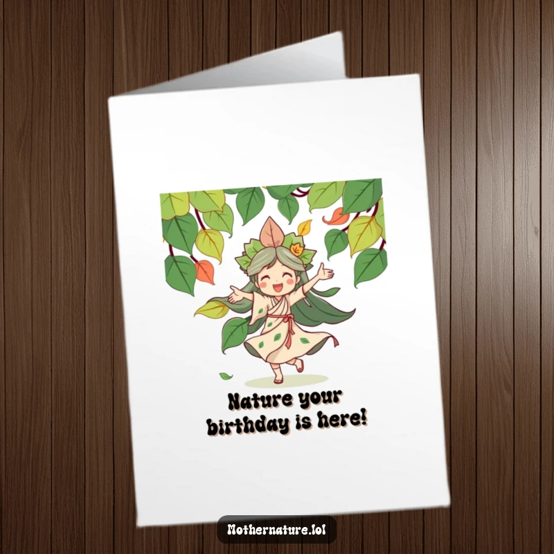 Funny Free Printable Birthday Card: Joyful Mother Nature dancing energetically with colorful swirling autumn leaves, spreading cheer for a special day.