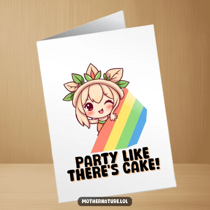 Funny Free Printable Birthday Card: Mischievous Mother Nature peeking slyly from behind a vibrant rainbow, ready to surprise.