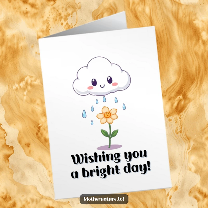 Funny Free Printable Birthday Card: A surprised cloud shedding iridescent raindrops onto a tiny, cheerful flower, wishing happy returns.