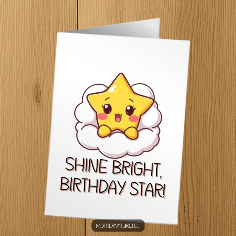 Funny Free Printable Birthday Card: Surprised little star peeking from behind a fluffy smiling cloud, wishing happy birthday.
