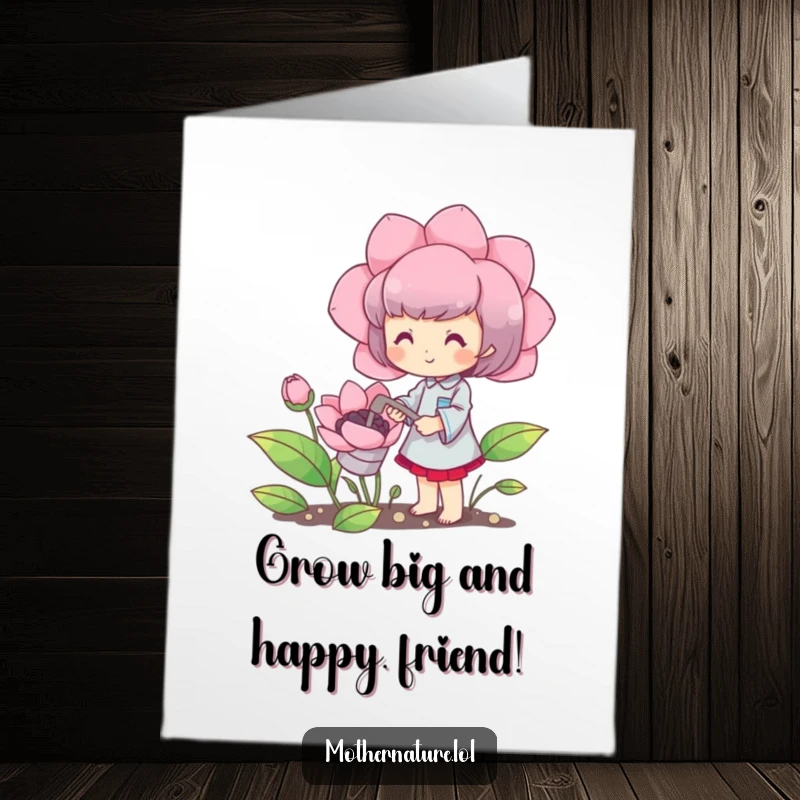 Funny Free Printable Blooming Character Birthday Card: A cute character happily waters a giant, blooming flower for a birthday.