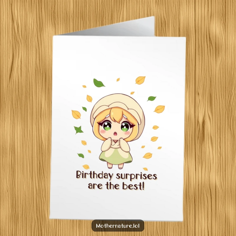 Funny Free Printable Birthday Card: Surprised Mother Nature with wide eyes as leaves swirl around her.