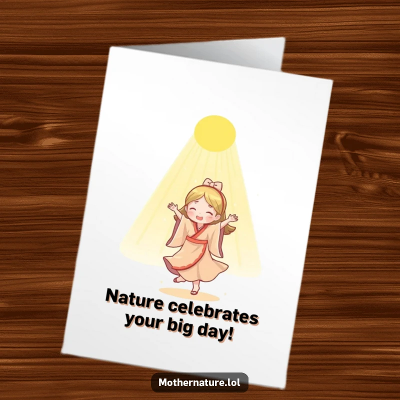 Funny Free Printable Birthday Card featuring Mother Nature joyfully dancing under golden sunlight, spreading birthday cheer.