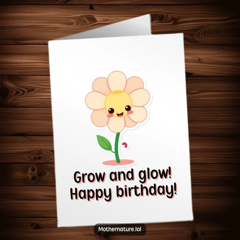 Funny Free Printable Birthday Card: A giggling flower character sprouts tiny dancing legs and twirls, celebrating a birthday with downloadable joy.