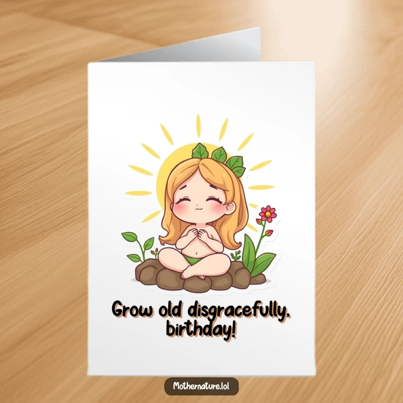 Free Printable Birthday Card: A content Mother Nature character relaxes as lush plants grow serenely around her.