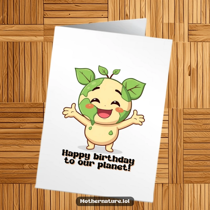 Funny Free Printable Birthday Card: Smiling Earth character with leafy arms open wide, beaming with surprise and birthday cheer.
