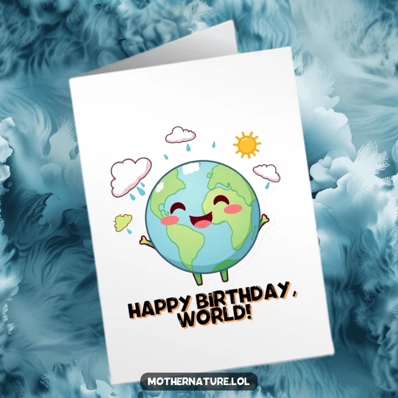 Funny Free Printable Earth Birthday Card: A smiling Earth character cheerfully juggles rain clouds and sunshine.