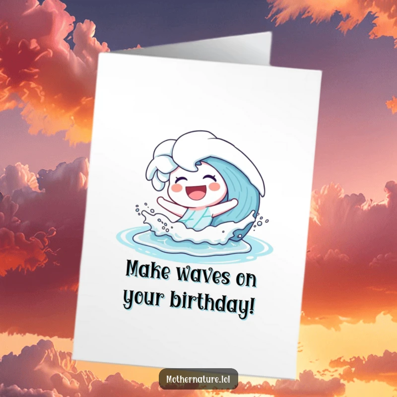 Funny Free Printable Birthday Card: A laughing wave character playfully splashing with energy onto a sunny shore.