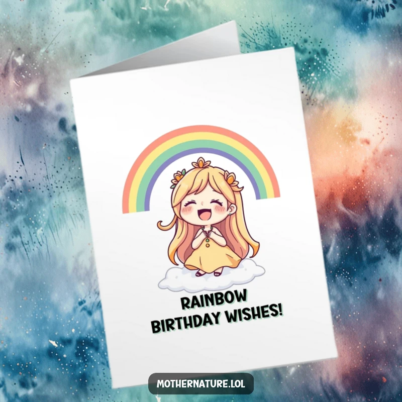 Funny Free Printable Mother Nature Birthday Card: Mother Nature laughs joyfully as a vibrant rainbow encircles her.