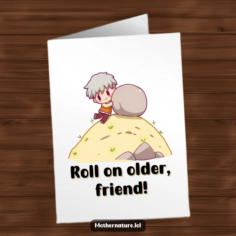 Funny Free Printable Birthday Card: A character playfully pushes a boulder downhill, symbolizing a fun-filled and epic birthday adventure.