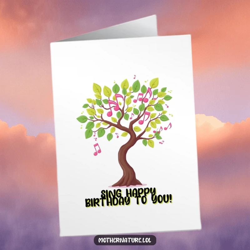 Funny Free Printable Birthday Card: Whimsical tree branch with dancing musical note leaves, a harmonious downloadable birthday gift.