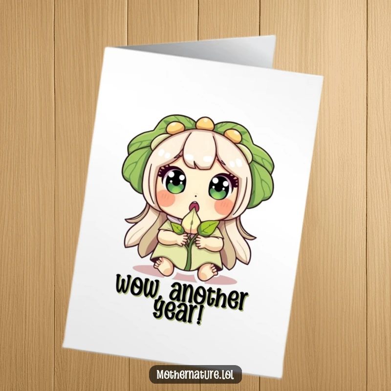 Funny Free Printable Birthday Card: Mother Nature looks surprised holding a sprouting seed, symbolizing new life.