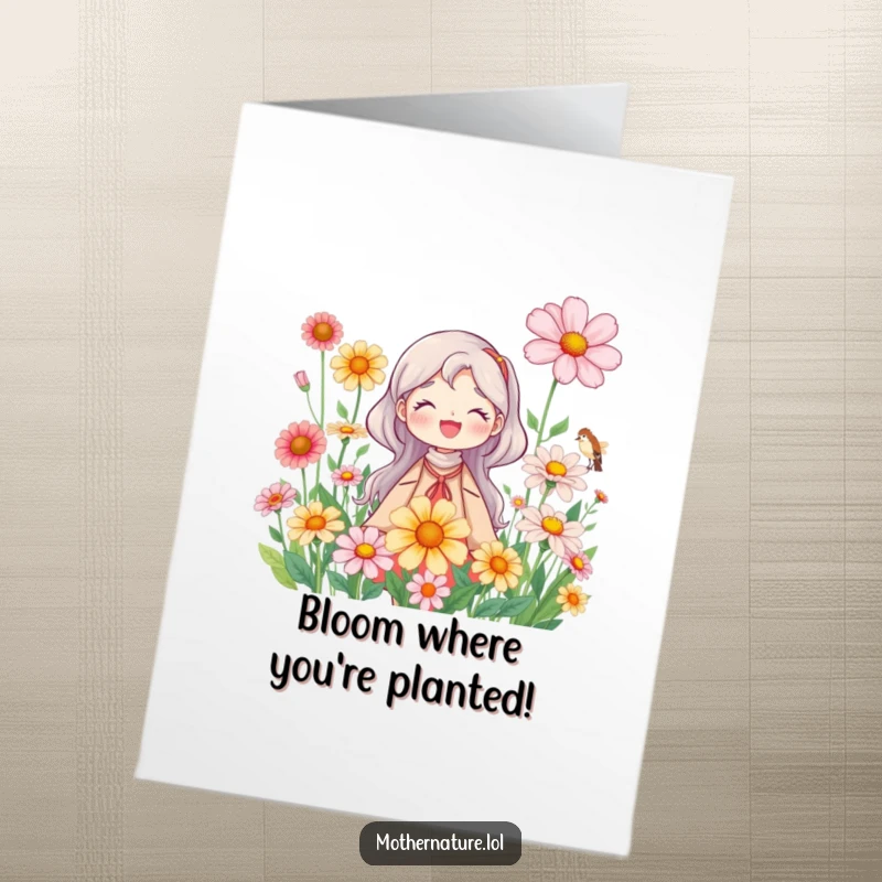 Funny Free Printable Congratulations Card: Joyful Mother Nature amidst oversized wildflowers, celebrating growth and achievement naturally.