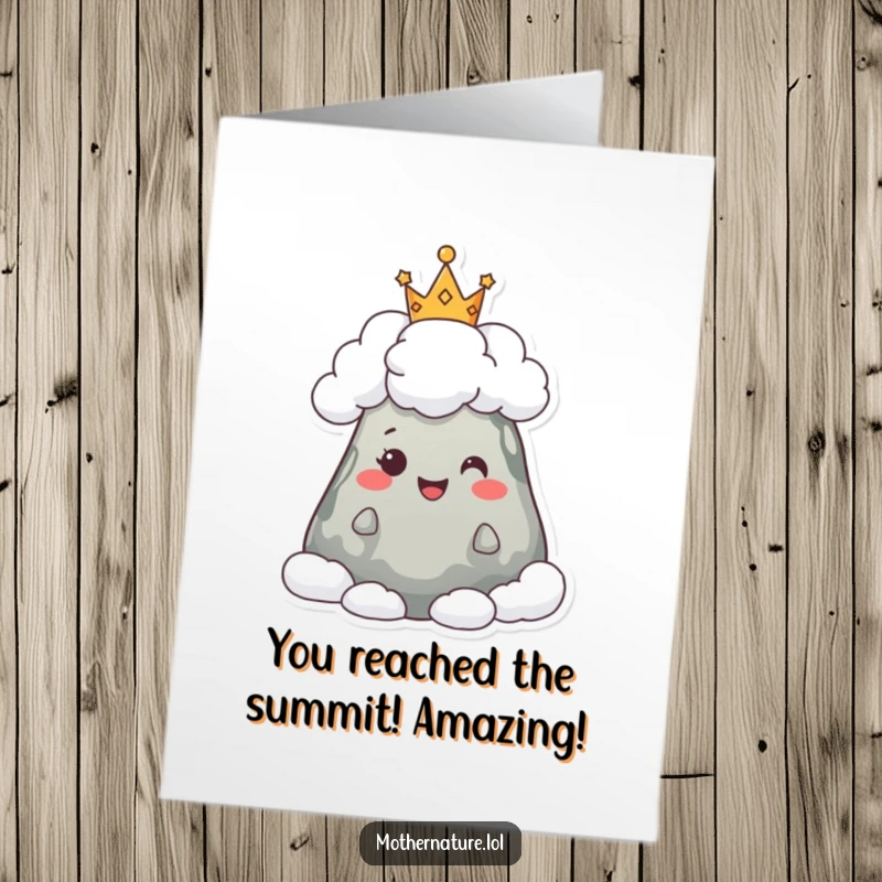 Funny Free Printable Congratulations Card: A happy mountain character with a cloud crown, celebrating a major achievement.