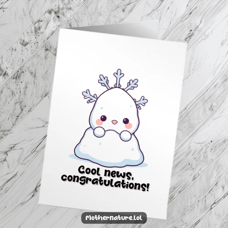 Funny Free Printable Congratulations Card with a shy snowdrift character peeking out from behind a jubilant snowflake, celebrating success.