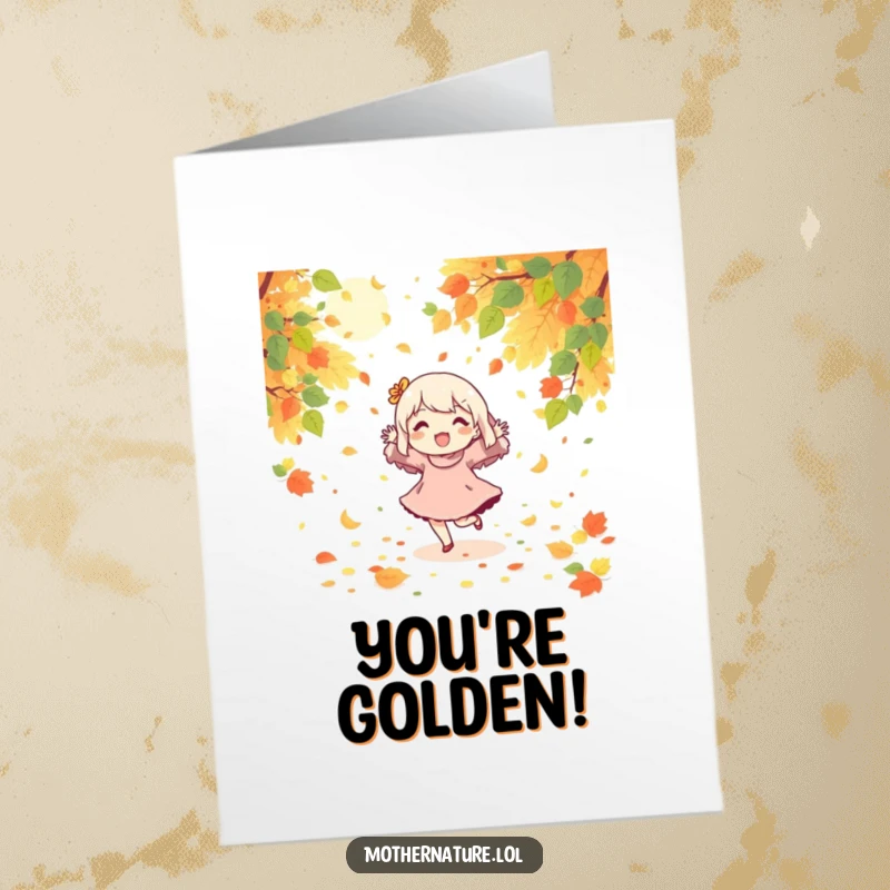 Funny Free Printable Congratulations Card: A character gleefully dances amidst autumn leaves and sunlight, a symbol of joyful success for a DIY gift.