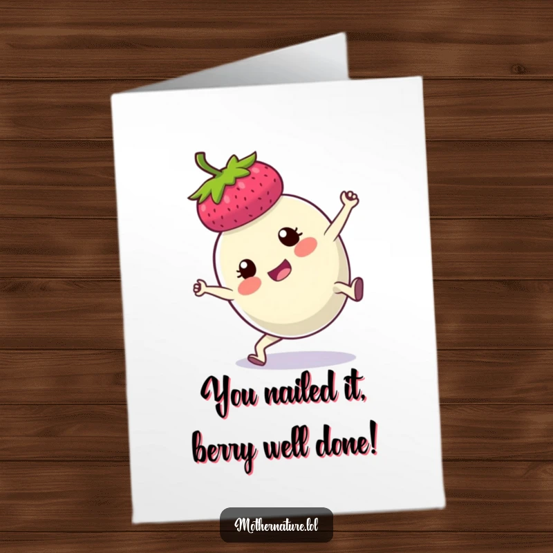 Funny Free Printable Congratulations Card: A plump berry performing a dynamic cartwheel with a focused, determined look.