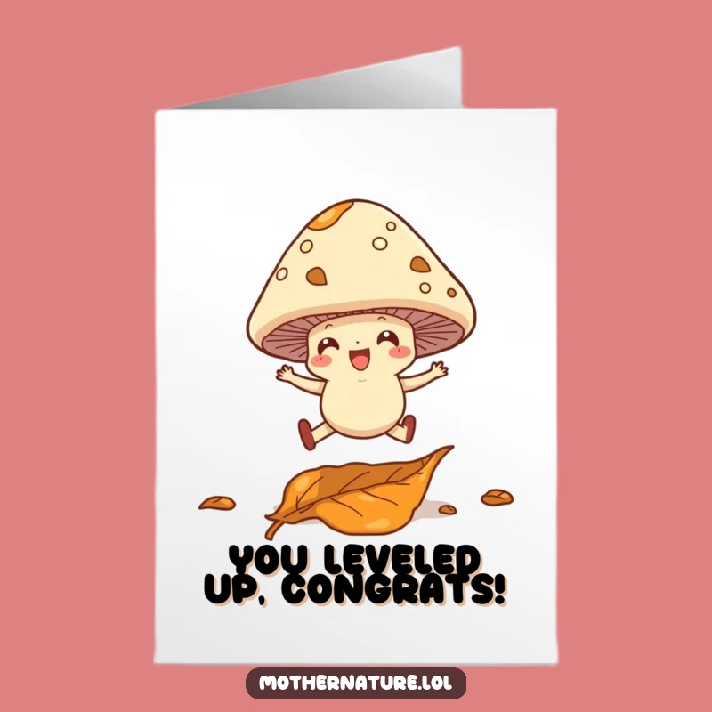 Free Printable Congrats Card: Leaping Mushroom Over Obstacles Funny Downloadable Gift