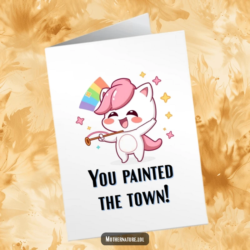 Funny Free Printable Congratulations Card: A giggling character paints a rainbow, symbolizing colorful and joyful success for a DIY gift.