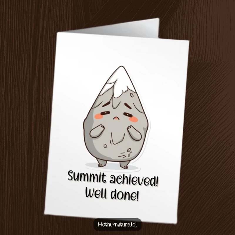 Funny Free Printable Congratulations Card: Mountain character with a bemused shrug, celebrating success with a comical twist.