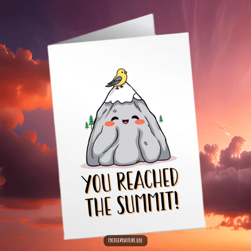 Funny Free Printable Congratulations Card: A mountain character shrugs casually with a bird perched on its head, a cool DIY congrats.