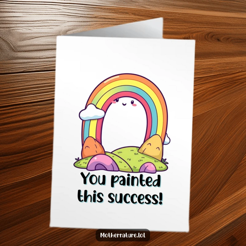 Funny Free Printable Congratulations Card with a beaming rainbow character celebrating over a sunny landscape, a perfect congratulatory surprise.