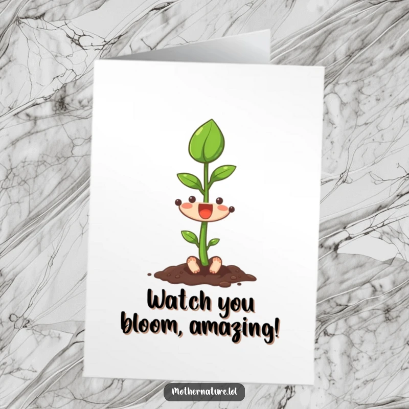 Funny Free Printable Congratulations Card featuring a tiny seedling character reaching its leaf up, symbolizing new growth and success.
