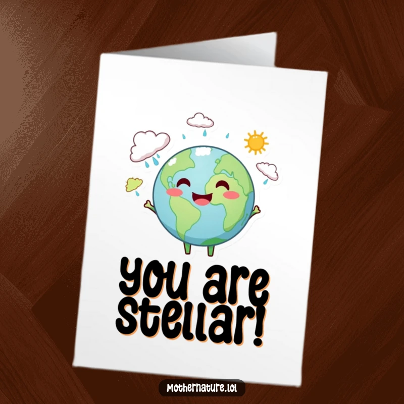 Funny Free Printable Earth Congratulations Card: A smiling Earth juggles small rain clouds and bright sunshine, celebrating success.