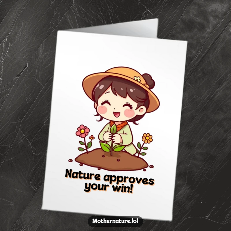 Funny Free Printable Mother Nature Congratulations Card: A cheerful Mother Nature plants a seed that instantly sprouts beautiful flowers.