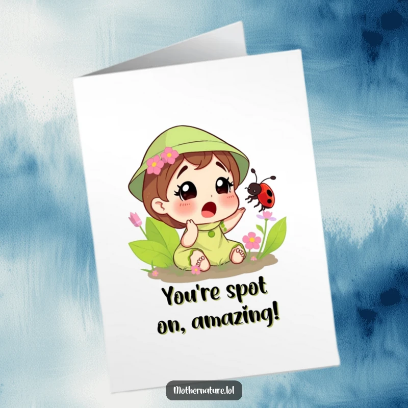 Free Printable Congrats Card: Mother Nature shows playful surprise as a tiny ladybug tickles her, celebrating life's light moments.