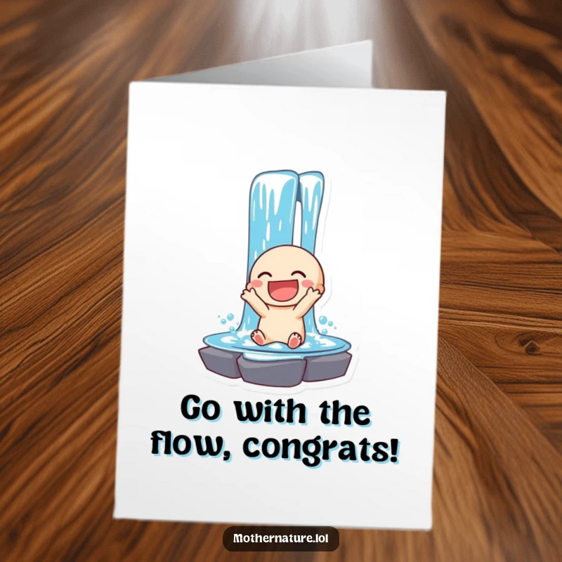 Funny Free Printable Congratulations Card depicting a laughing waterfall character cascading energetically, celebrating a fantastic achievement.