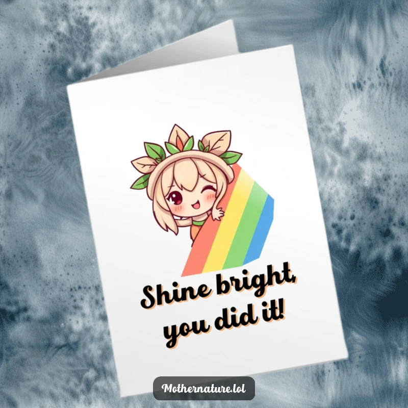 Funny Free Printable Congratulations Card: A mischievous Mother Nature peeking from behind a bright rainbow, hinting at good fortune.